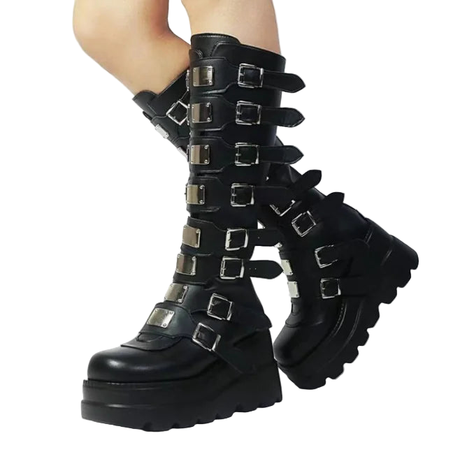 Platform Boots with Metal Buckle – Wedge Heel