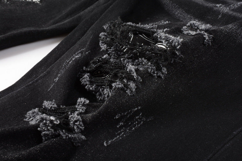 Men's Black Paisley Ripped Jeans with Patch Design