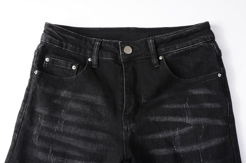 Men's Black Paisley Ripped Jeans with Patch Design