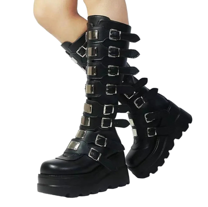 Platform Boots with Metal Buckle – Wedge Heel