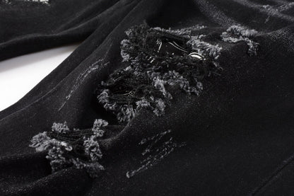 Men's Black Paisley Ripped Jeans with Patch Design