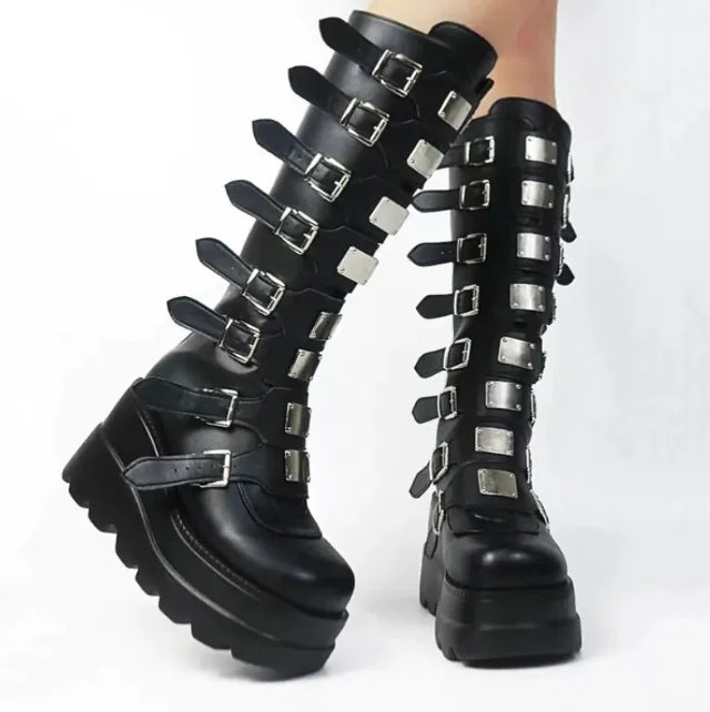 Platform Boots with Metal Buckle – Wedge Heel