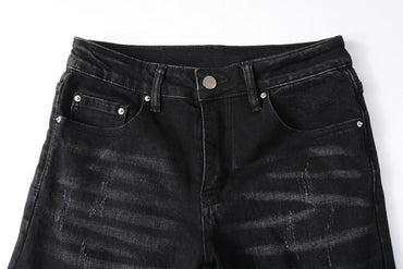 Men's Black Paisley Ripped Jeans with Patch Design