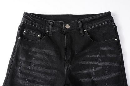 Men's Black Paisley Ripped Jeans with Patch Design