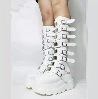 Platform Boots with Metal Buckle – Wedge Heel